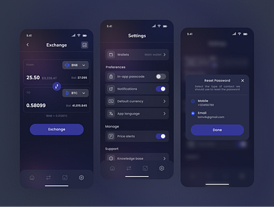 Crypto Wallet - Settings/ Exchange account app design assets bitcoin buy crypto crypto wallet dark ui design ethereum exchange minimal mobile ui modern receive send settings ui user interface wallet