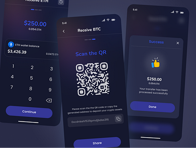 Crypto Wallet - Receive crypto app design assets bitcoin buy crypto crypto wallet dark ui design ethereum exchange minimal mobile ui modern qr receive scan send ui user interface wallet