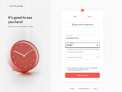 Sign up page | 100 days design challenge account log in register sign in sign up time time tracker ui