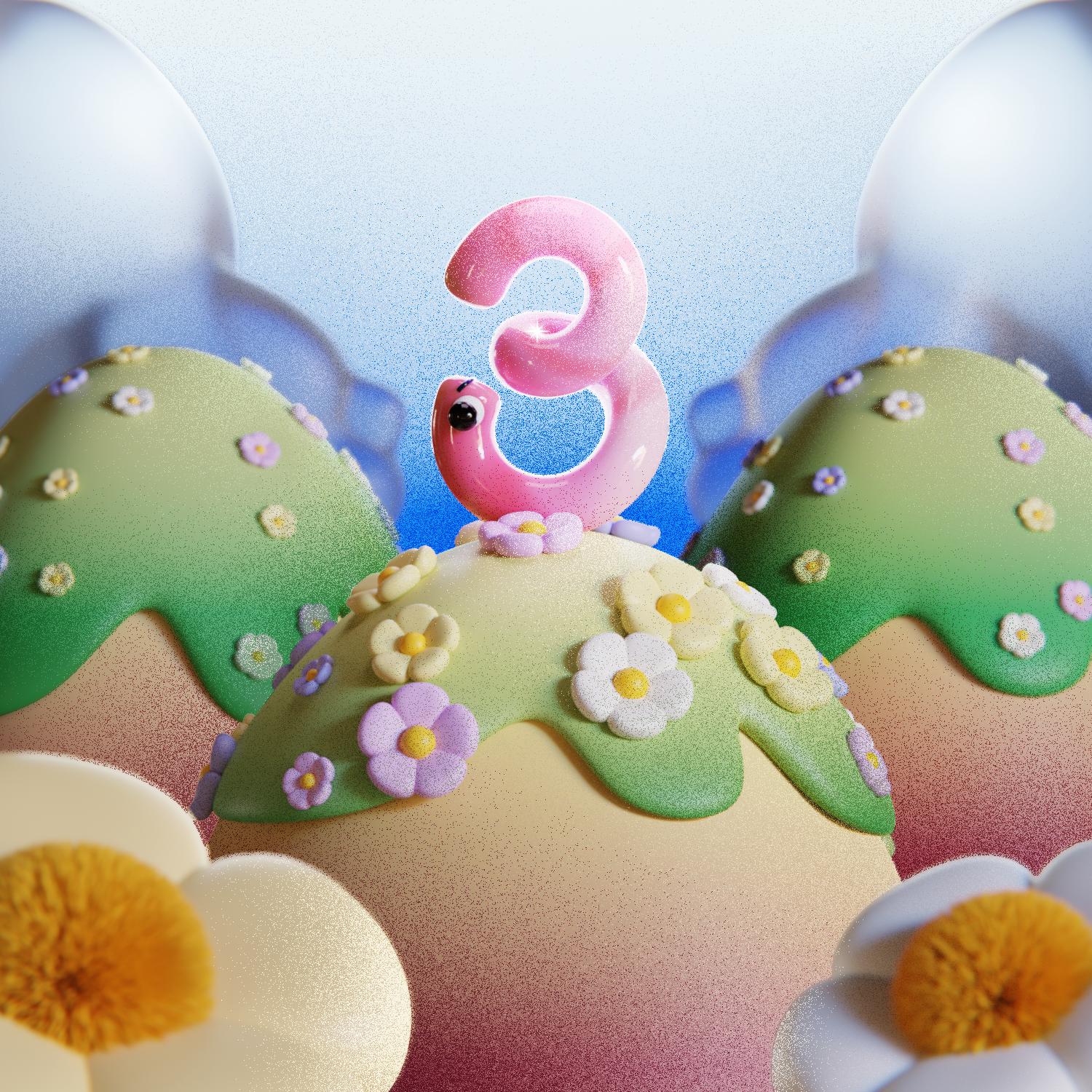 Number 3 36daysoftype 3d 3d art blender branding clouds design flowers grain illustration landscape number render sky worm
