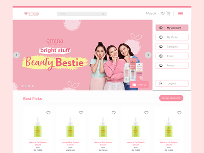 WEB DESIGN - EMINA BEAUTIFUL beautiful design dasboard koma landing page pink pallet product design responsive design soft pallet study case ui uiux design user experience user interface ux web design