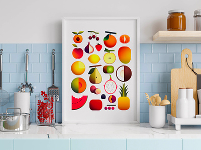 Fruits beautiful collection colorful cool cuisine fruits fun geometry iconography illustration kitchen poster recipe vegetables