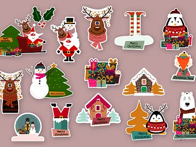 Christmas stickers animal bear cartoon character christmas elf christmas nutcracker christmas stickers gift box gingerbreadhouse graphic design illustration merry christmas stickers penguin reindeer snata stickers winter cartoon character winter fox xmas xmas stickers