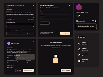 Modals & Cards for a DAO aggregator card dao dark mode design figma gif modal ui ui design ux vote web 3