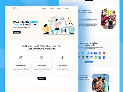 CreatorFlock Web Site Design: Landing Page / Home Page UI collaboration content creation creative collaboration creative entrepreneurship creative inspiration creative resources creative tools creator community digital content digital marketing empowering creators landing page design monetization networking online creators supportive community uiux design user interface design web design website design