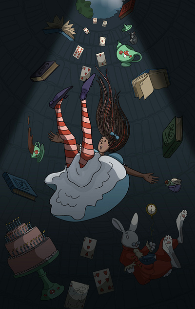 Alice Down the Rabbit Hole alice in wonderland alice in wonderland illustration character illustration drawing fairy tale fantasy illustration storybook