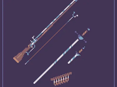 Musketeer's gear! 16bit 8bit gameart gear historicalart history illustration inventory musket musketeer pixel art pixelart weaponpixelart weapons