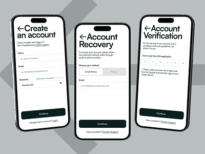Account Screens — Mobile App | Concept 2fa account recovery account verification app design log in onboarding sign up ui ui design user interface ux