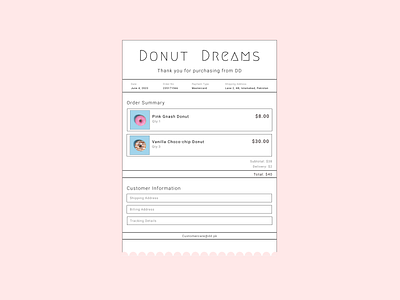 Email Receipt | Daily UI 17 app cafe daily ui 17 dailyui dailyui17 dailyuichallenge design donut email email receipt food minimal mobile order ordering app pink receipt ui ux