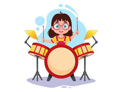 Cute girl playing drums character character development chibi child child development childrens character childrens illustration detailed illustration drums element girl girl with glasses illustration isolated learning music motion design musical instrument on white background play drums schoolgirl