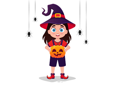 Cute little girl in a witch costume with a pumpkin in her hands animation big eyes character character development child illustration cute girl element girl graphic design halloween card halloween character halloween greeting halloween holiday halloween party illustration motion graphics preparing for the holiday vector witch costume witch girl