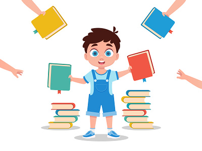 Boy with books in his hands, handing out books big eyes books boy boy element boy illustration cartoon character cartoon smile character development chibi child development child hero children library cute character cute smile handing out books library motion design on a white background reading books volunteer