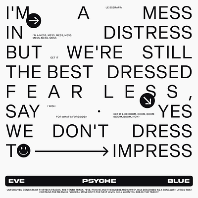 eve, psyche, and the bluebeard's wife design graphic design grayscale kpop le sserafim lyrics minimal typography vector