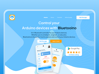 Bluetooino - Arduino bluetooth controller App - Landing Page agency app arduino beautiful bluetooino bluetooth branding business control design digital marketing geometric graphic design landing page mobile app modern ui ux web design