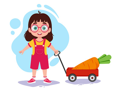 Girl with red cart, carrot harvest animation baby emotions baby girl carrot carrot harvest character character creation character design child character element element girl emotions girl girl with glasses illustration motion design red wheelbarrow vector vector illustration vitamins