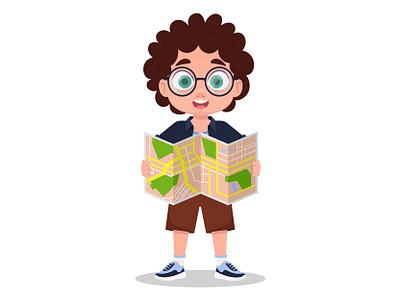 A boy with a map in his hands, looking for a route boy boy scout cartoon character character character design character development child character download element element for design illustration isolated journey looking for a way map motion design route search tourist trip vector illustration