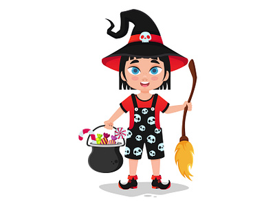 Girl dressed as a witch is ready for halloween broom candy candy pot cartoon cartoon character character character development child character cute character design element fear girl graphic design halloween halloween party holding a broom vector illustration witch witch costume witch drawing
