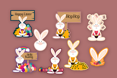 Easter bunny stickers animal bunny character cartoon character cute bunny easter animal easter bunny easter character easter egg easter rabbit floral flowers forest animal graphic design happy easter illustration spring spring animal stickers summer
