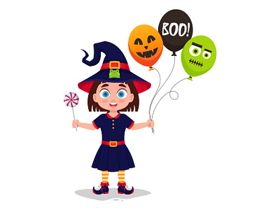 Cute girl in witch costume, with balloons candy cartoon cartoon character character character animation character design character development design element development child girl graphic design halloween halloween card halloween element halloween party holiday illustration isolated motion graphics vector illustration