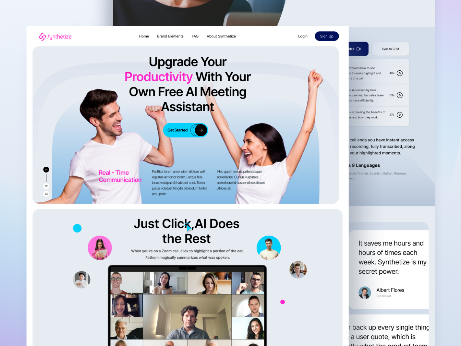 Synthetize_Website ai artificialintelligance branding business clean design graphic design header landing page logo meeting productivity saas tech ui uiux webdesign