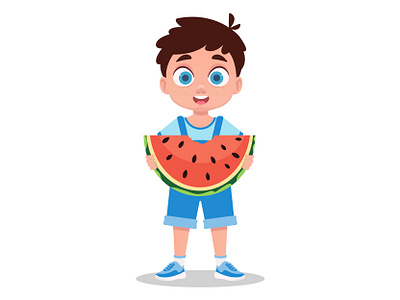 Cute boy with a watermelon in his hands boy boy eat cartoon cartoon character character character animation character design character development child child creation child health design element eat watermelon female student graphic design isolated nutrition proper nutrition vector illustration watermelon