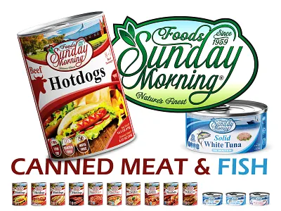 Sunday Morning Foods - Canned Meat & Fish brand identity branding canned food fish food food cans graphic design hotdogs label design labeling meat package design packaging pizza sauce salmon spaghetti sauce tuna