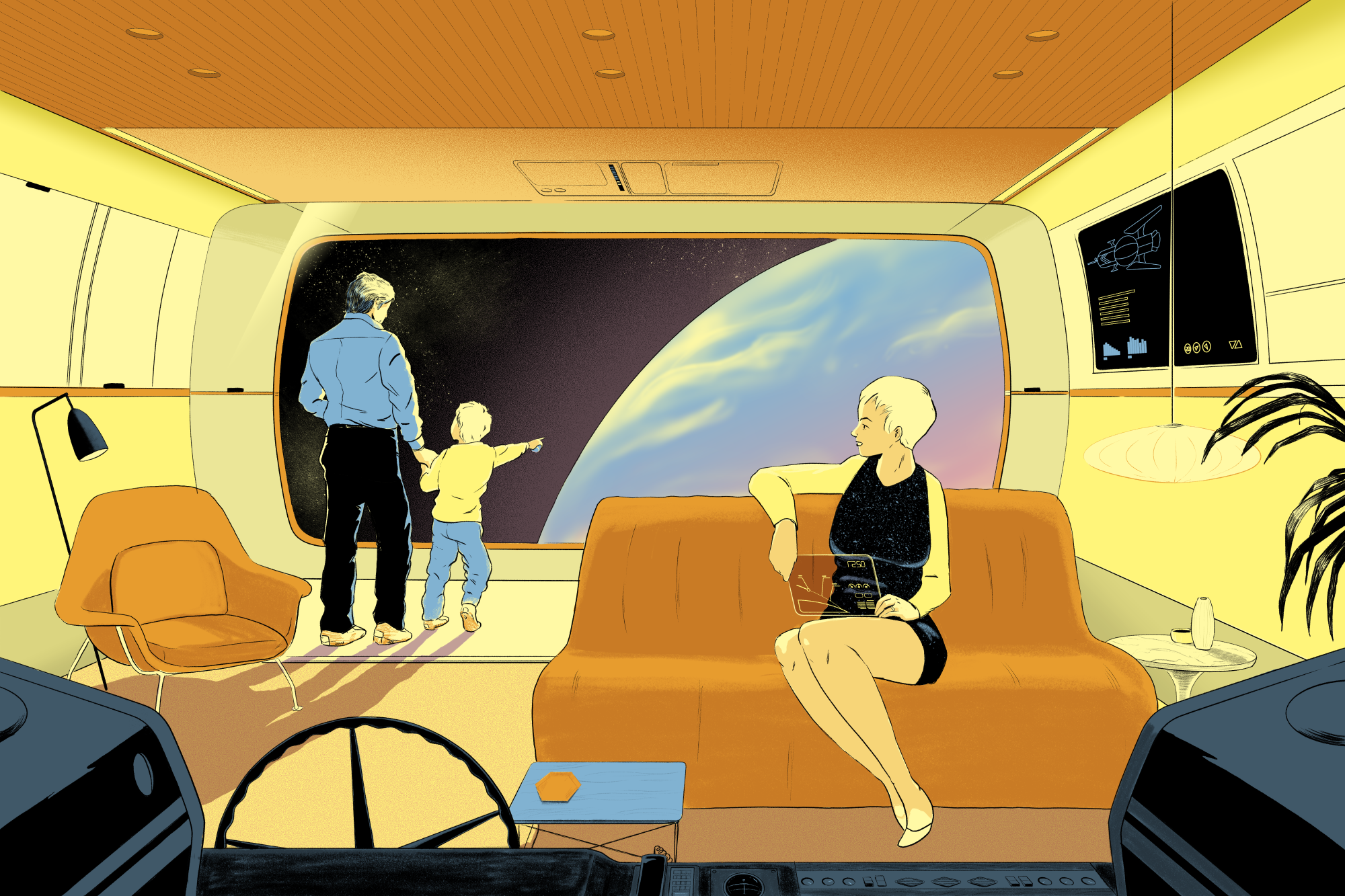 Techno Optimism / Retro futurism drawing family illustration planet retro futurism scifi spaceship