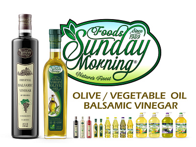 Sunday Morning Foods - Olive Oil / Balsamic Vinegar / Veg. Oils 3d balsamic vinegar bottle design brand identity branding canola canola oil corn oil design glass bottle grape oil labeling oil olive oil package design packaging plastic bottle sunflower oil vegetable oil vinegar