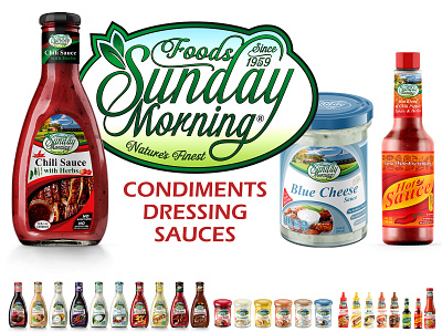 Sunday Morning Foods - Sauces & Condiments 3d barbeque sauce bbq bottle design brand identity branding condiments jar design ketchup mayonnaise mustard package design packaging sauces