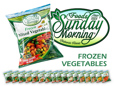 Sunday Morning Foods - Frozen Vegetables bag bag design bags brand identity branding design food food labeling food packaging frozen food frozen vegetables label design labeling microwave bags nylon package design packaging plastic vegetables