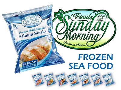 Sunday Morning Foods - Frozen Seafood Bags bag design bags packaging brand identity branding calamari design food food bags food labeling food labels food packaging frozen frozen food labeling package design packaging plastic sea seafood shrimps