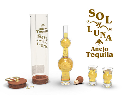SOL y LUNA Añejo Tequila 3d 3d bottle 3d bottle design 3d package 3d packaging alcohol bottle design brand identity branding design label design labeling liquor package design packaging tequila