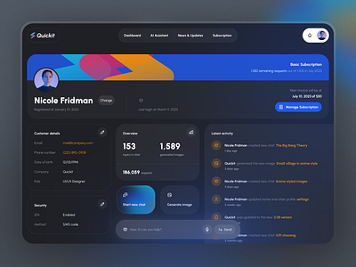 Quickit - Profile Page for AI Interfaces & Dashboards account ai blue chat dark dashboard figma free freebie kit profile quickit security subscription template theme udix ui ux web