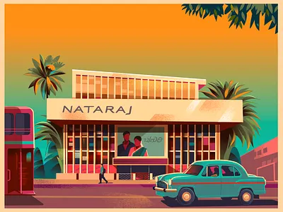 Nataraj Theatre - Bangalore 2000 ambassador art deco bangalore bengaluru double decker bus illustration india kannada movie theatres movies tamil throwback