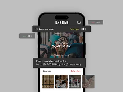 Concept fitness club app | Oxygen Gym app case composition design fitness graphic design gym idea main page mobile mobile app sport ui