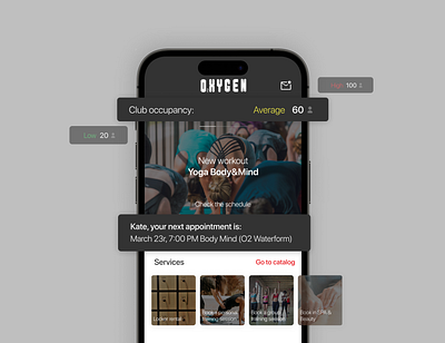 Concept fitness club app | Oxygen Gym app case composition design fitness graphic design gym idea main page mobile mobile app sport ui