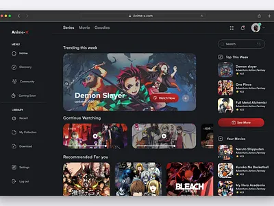 Anime-X - Streaming app dashboard desktop app streaming app ui uiux