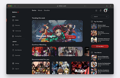 Anime-X - Streaming app dashboard desktop app streaming app ui uiux