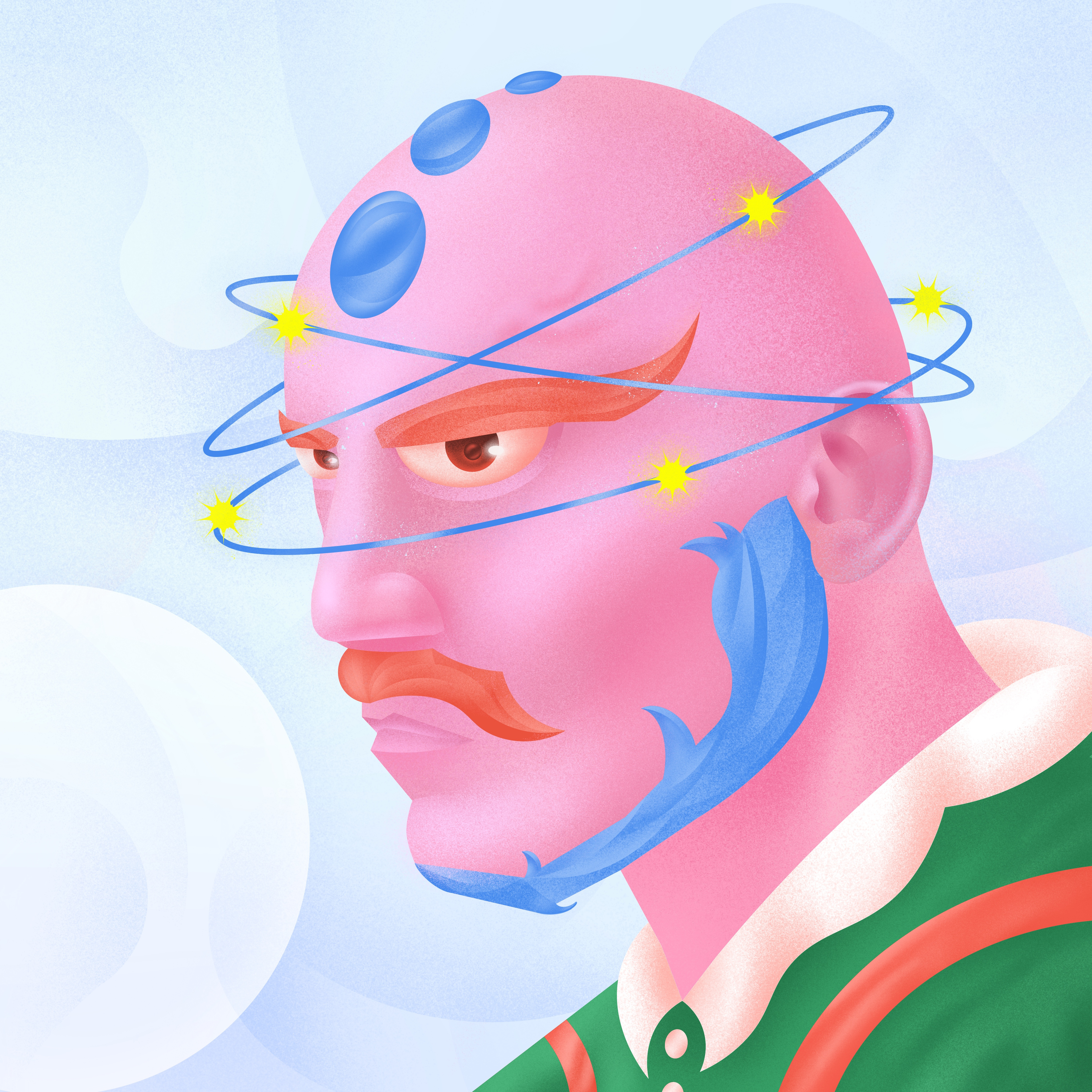 Celestial Whispers 💫 adobe brushes character clairvoyance colorful digitalart editorial gradient grain illustration illustrator magazine moustache photoshop portrait procreate seer stars vector
