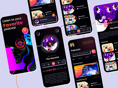 Pody: Immerse Yourself in Limitless Audio Delight | dark mode audio audio player design fluttertop livestream microphone minimal mobile music new app design podcast podcast app podcast art podcast cover podcasting podcasts radio stream streaming app uiux