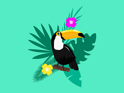 Toucan art banner bird blue bright colors design exotic flowers green illustration inspiration jungle leaf leaves palm tree summer toucan tropical vector