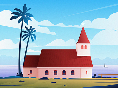amazing sights in Iceland blue church cloud coconut tree design grass green iceland illustration mountain people purple red roof sailboat sky the fence tree window