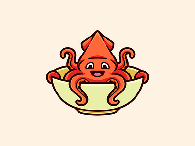 Squid in Bowl cartoon character illustration animal bowl branding cartoon character cooking cute design food illustration logo mascot nature ocean octopus restaurant seafood squid tentacle vector