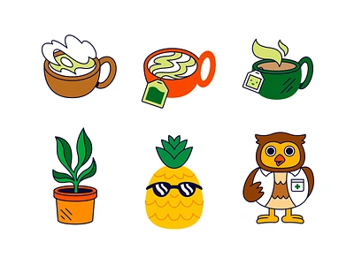 Pine Park Health Stickers cup design doctor food fruit graphic design icon illustration logo medical medicine owl pineapple plant smoke sticker stickers summer sunglasses tea