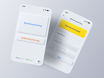 Mobile app for electronic price tag management. Client: X5 Group app mobile neomorphism ui ux