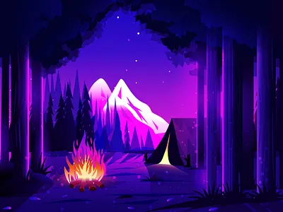 Adventure Camping adventure artwork campfire camping fire art glowing illustration mountains nature illustration pine tree stars tent vector
