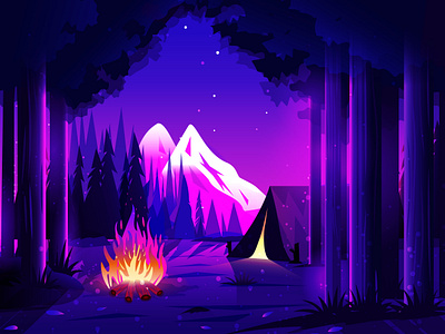 Adventure Camping adventure artwork campfire camping fire art glowing illustration mountains nature illustration pine tree stars tent vector