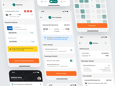 Speedrail - Train Ticketing Mobile App: Continuation Screens bank transfer boarding pass choose seat clean minimal mobile app order details payment page payment successful public transport reserve seat review order select seat ticket train train booking app transactions transportation uiux vacation