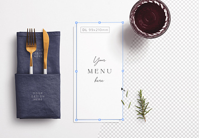 Table DL Menu with Cutleries Napkin Drink and Herbs branding card design glass graphic design illustration logo mockup restaurant rosemary weeding wine