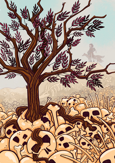 Journey fantasy fox illustration kitsune skulls tree